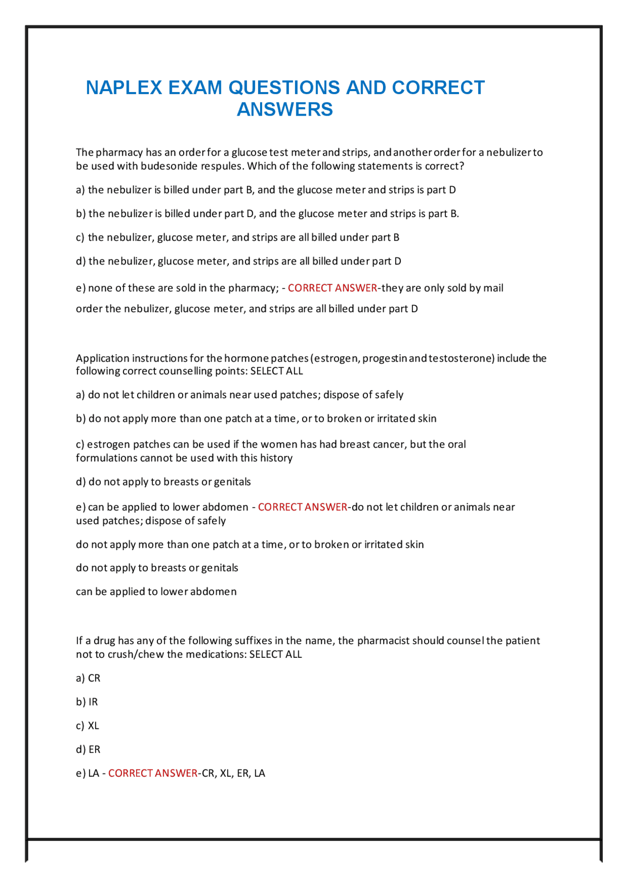 NAPLEX Exam Questions and Answers | Exams Nursing | Docsity