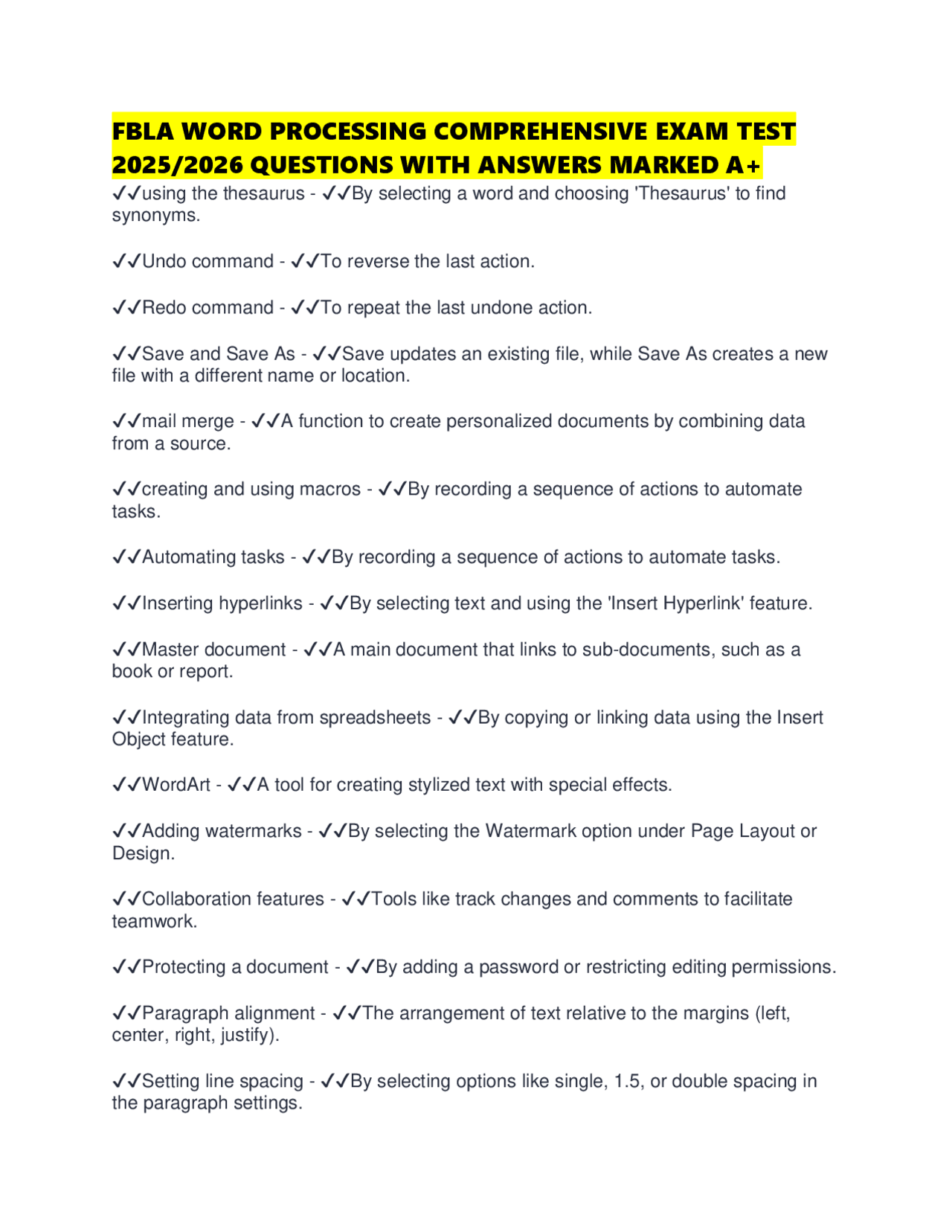 Computer Applications Fbla Practice Test FBLA WORD PROCESSING COMPREHENSIVE EXAM TEST 2025/2026 QUESTIONS WITH ...