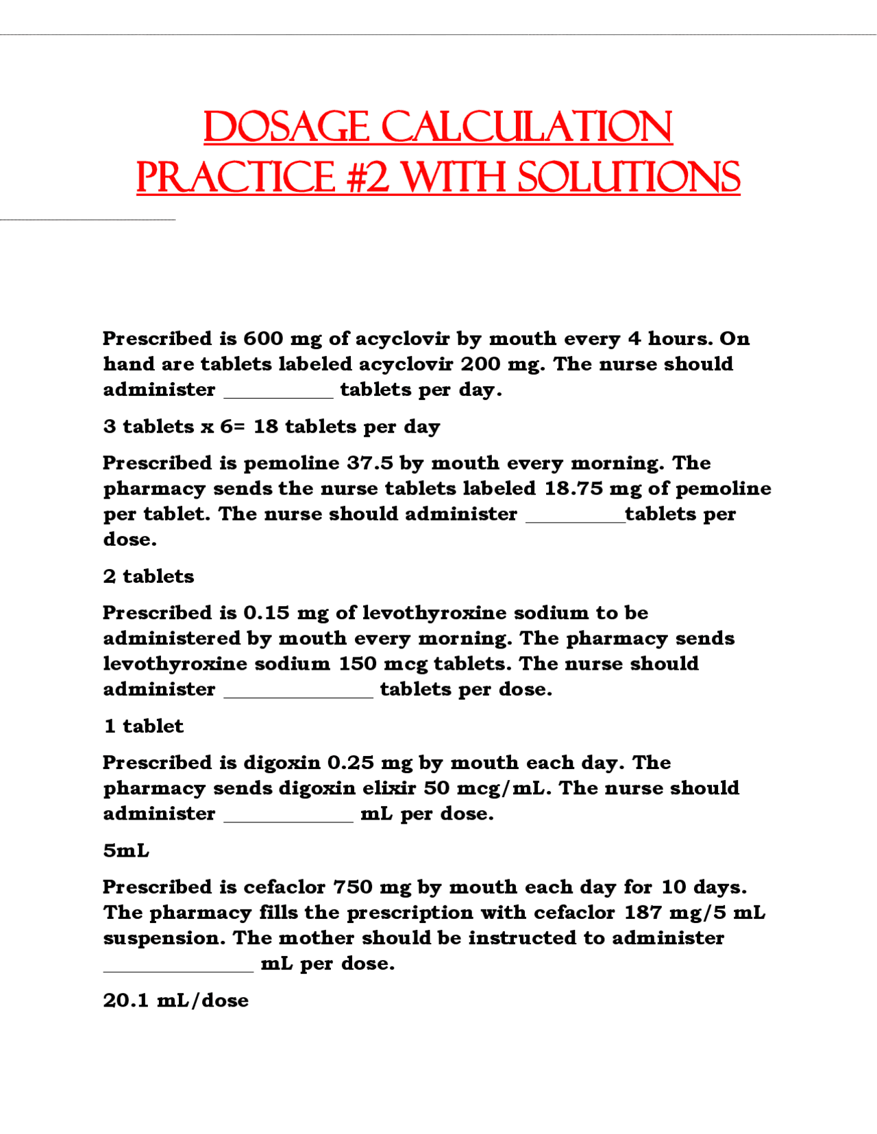 Dosage Calculation Practice #2 with solutions.pdf | Exams Nursing | Docsity