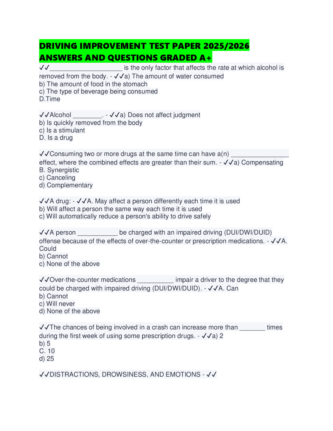 DRIVING IMPROVEMENT TEST PAPER 2025/2026 ANSWERS AND QUESTIONS GRADED ...
