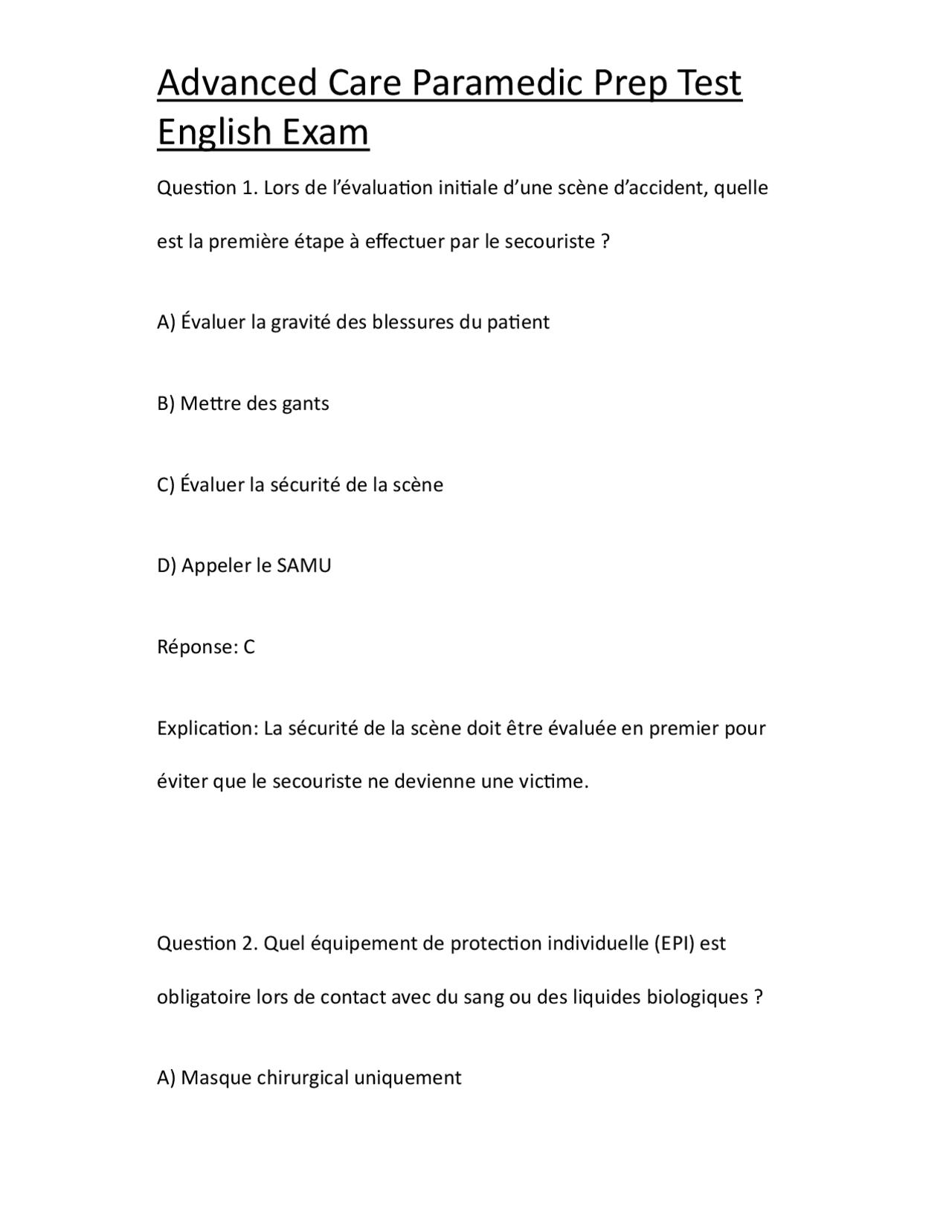 Test de préparation avancé pour ambulancier paramédical | Exams ...