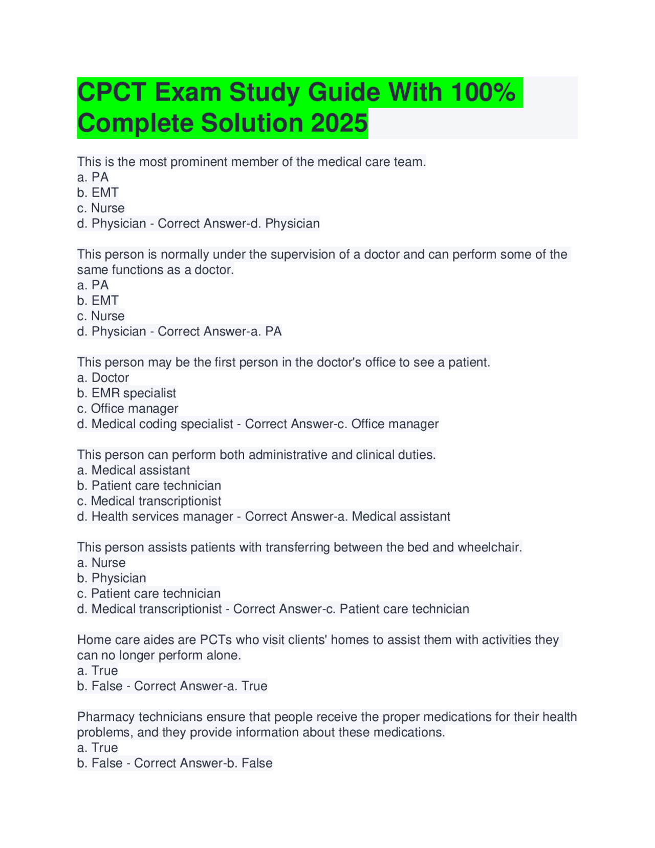 CPCT Exam Study Guide With 100% Complete Solution 2025 | Exams Advanced ...
