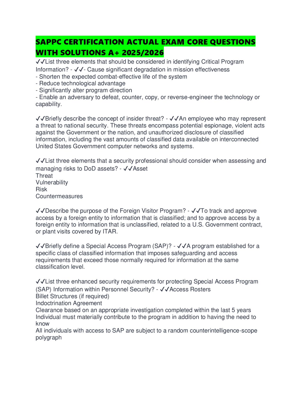 Hcap Core Questions SAPPC CERTIFICATION ACTUAL EXAM CORE QUESTIONS WITH SOLUTIONS A+ 2025/ ...