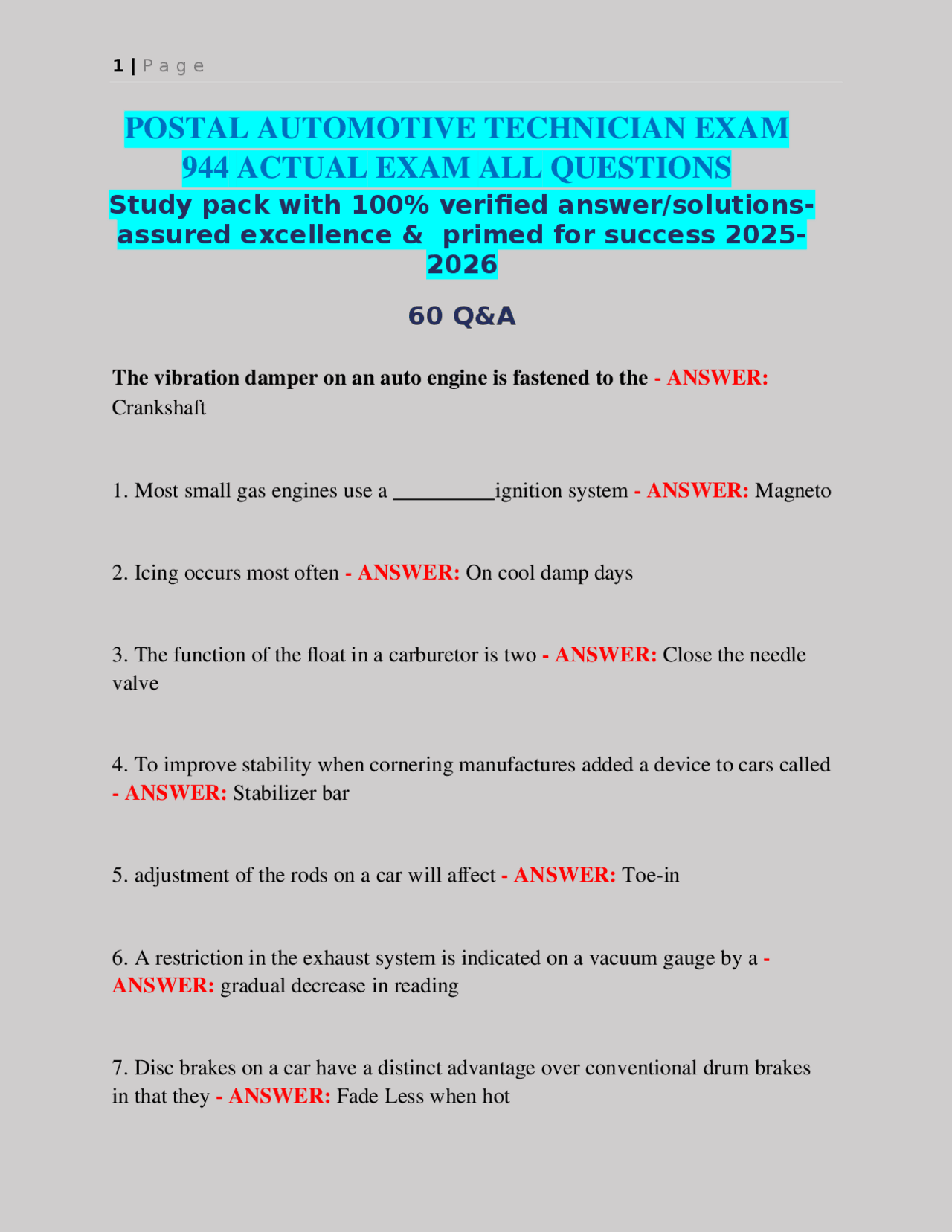 POSTAL AUTOMOTIVE TECHNICIAN EXAM 944 ACTUAL EXAM ALL QUESTIONS Study ...