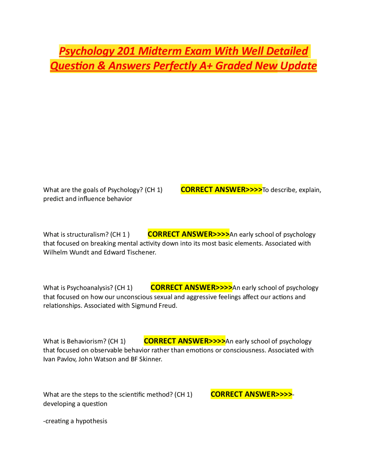 Psychology 201 Midterm Exam With Well Detailed Question & Answers ...