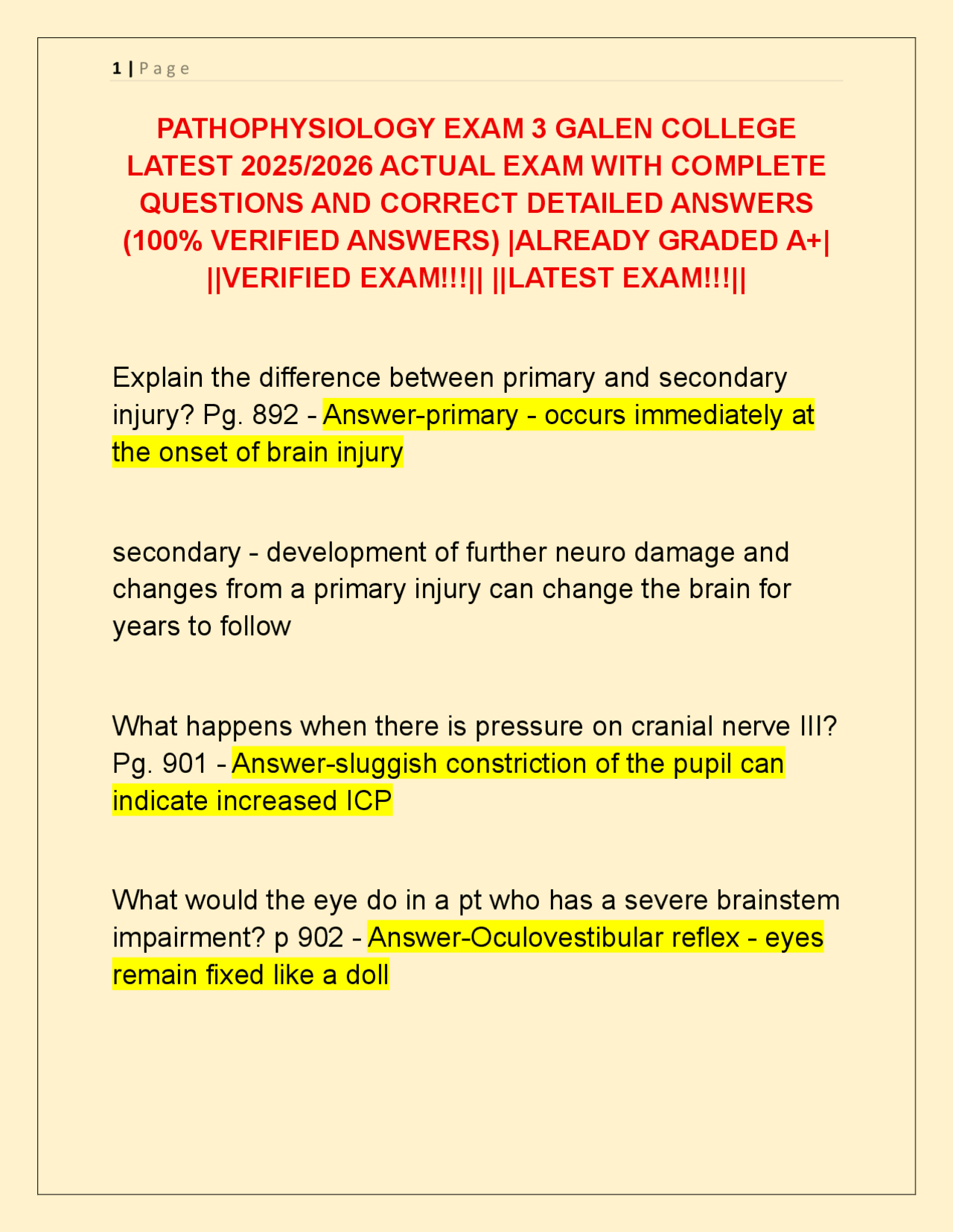 PATHOPHYSIOLOGY EXAM 3 GALEN COLLEGE LATEST 2025/2026 ACTUAL EXAM WITH ...