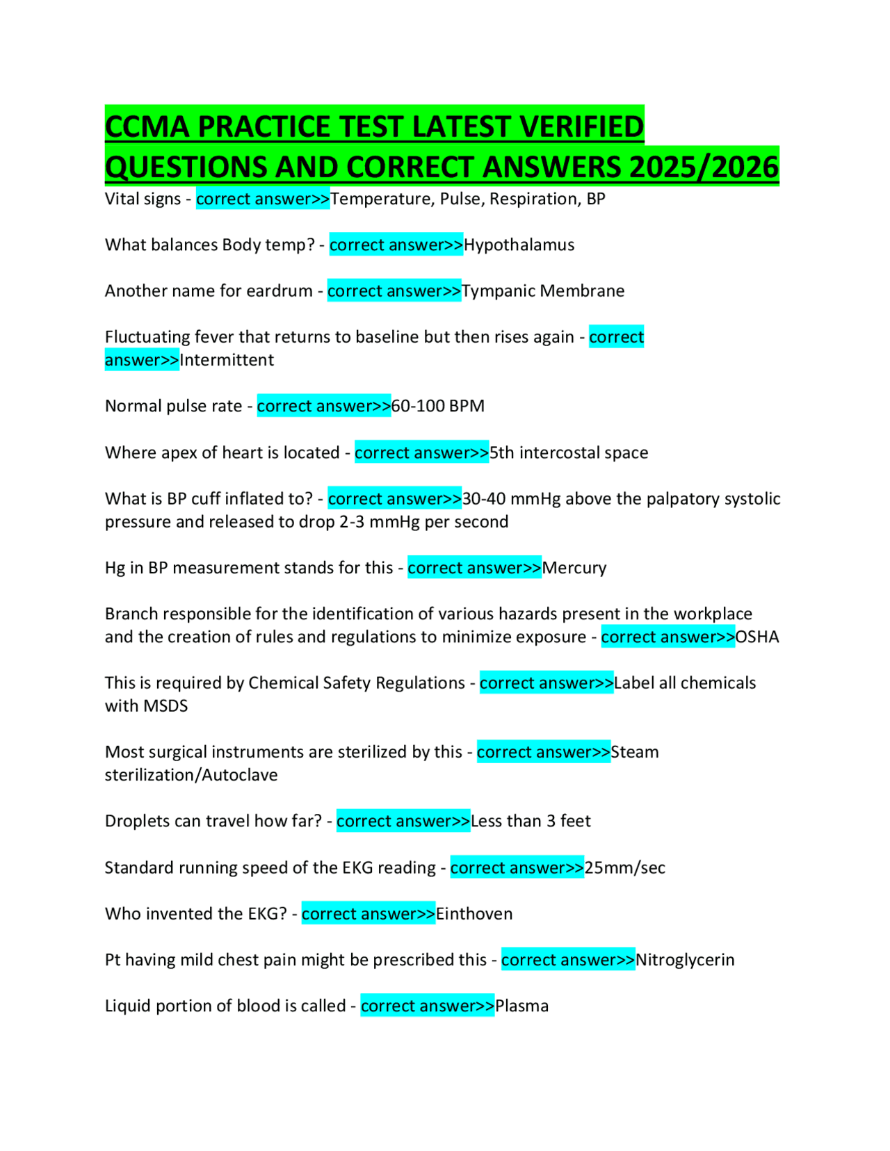 CCMA PRACTICE TEST LATEST VERIFIED QUESTIONS AND CORRECT ANSWERS 2025/ ...
