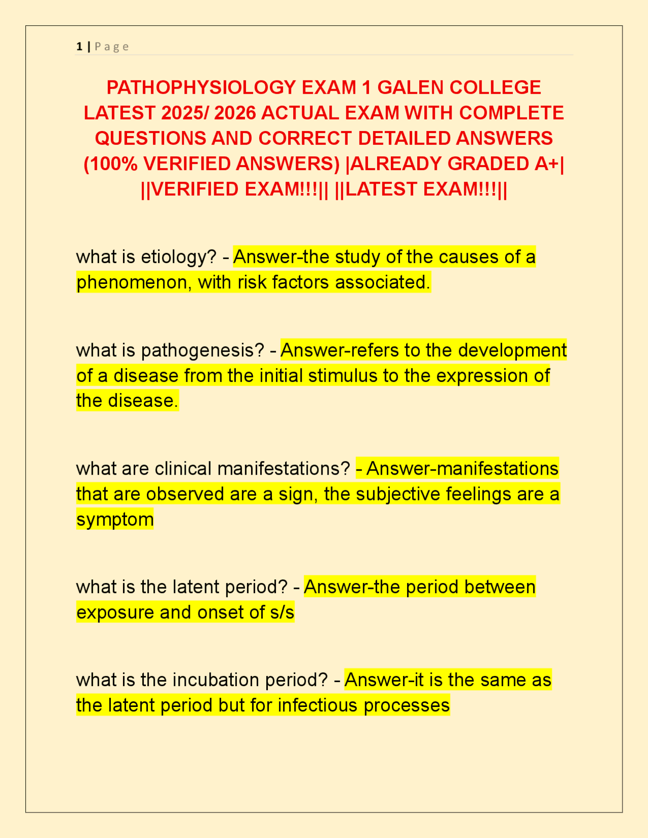 PATHOPHYSIOLOGY EXAM 1 GALEN COLLEGE LATEST 2025/ 2026 ACTUAL EXAM WITH ...