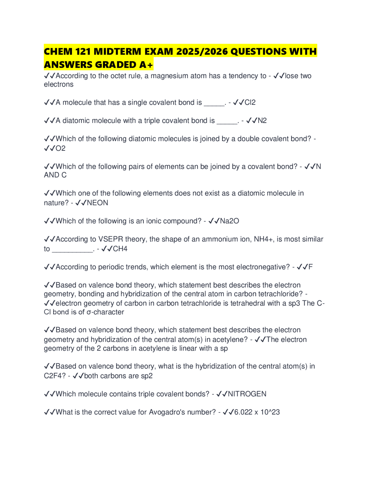 CHEM 121 MIDTERM EXAM 2025/2026 QUESTIONS WITH ANSWERS GRADED A+ ...