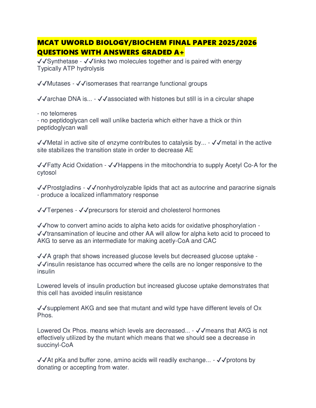 MCAT UWORLD BIOLOGY/BIOCHEM FINAL PAPER 2025/2026 QUESTIONS WITH ...