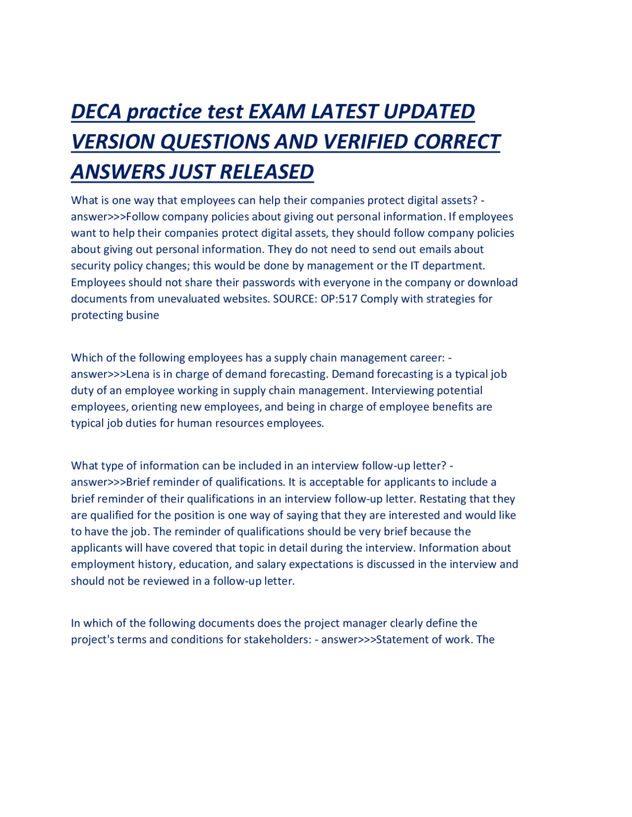 Deca Testing DECA practice test EXAM LATEST UPDATED VERSION QUESTIONS AND VERIFIED ...