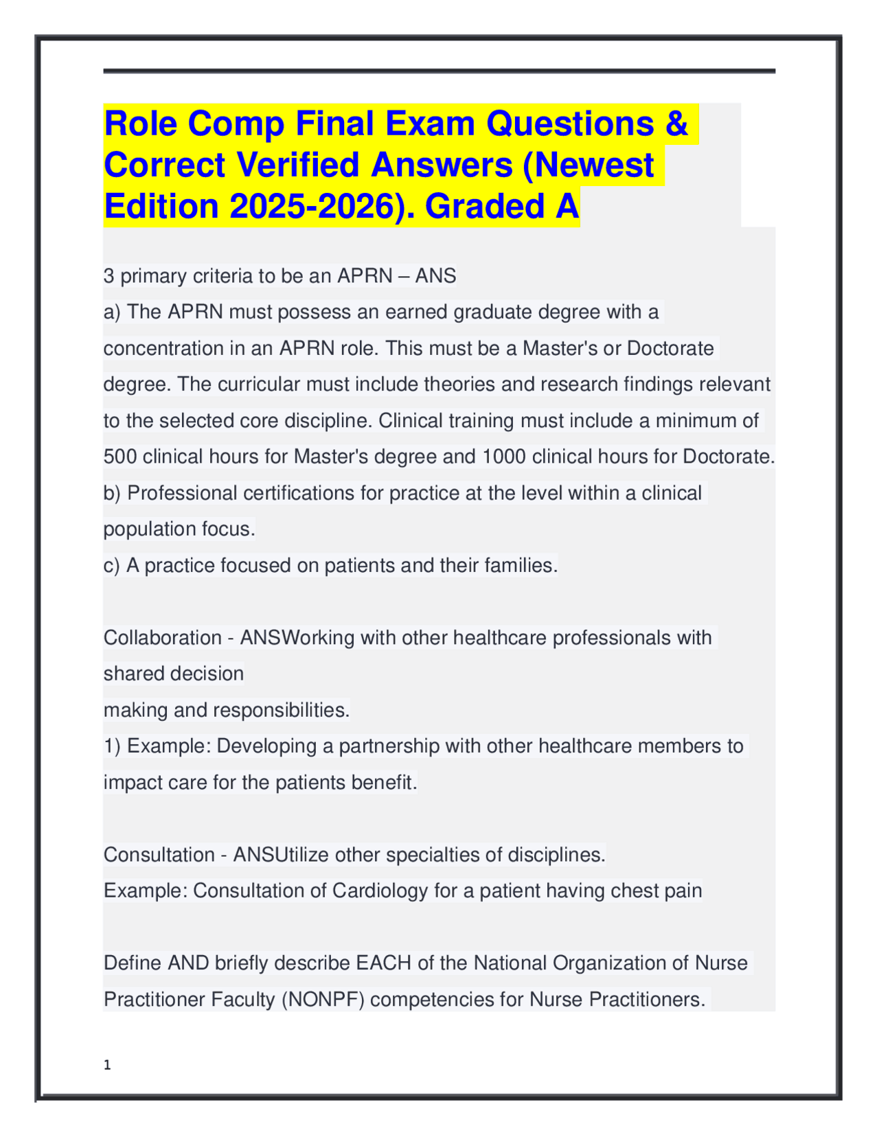 APRN Role Comprehensive Final Exam Questions and Answers 2025-2026 ...