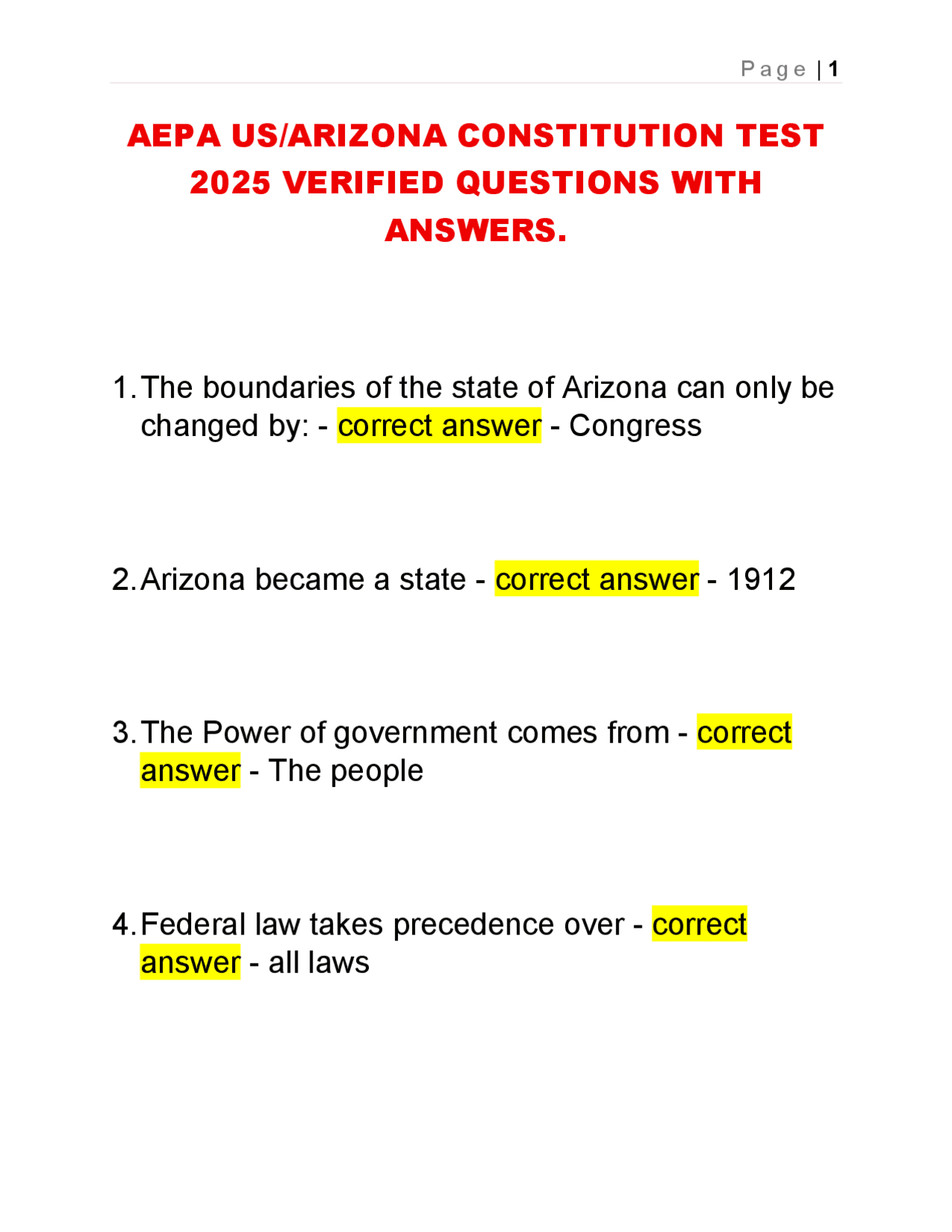 AEPA US/Arizona Constitution Test: 2025 Verified Questions and Answers ...