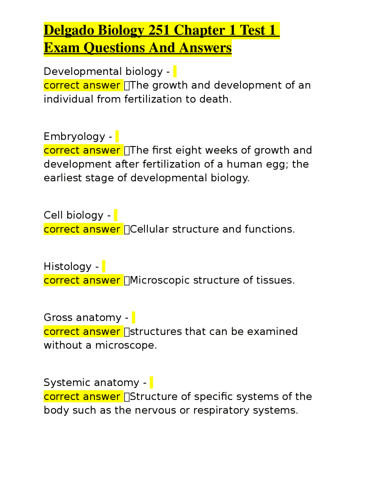 Delgado Biology 251 Chapter 1 Test 1 Exam Questions And Answers | Exams ...