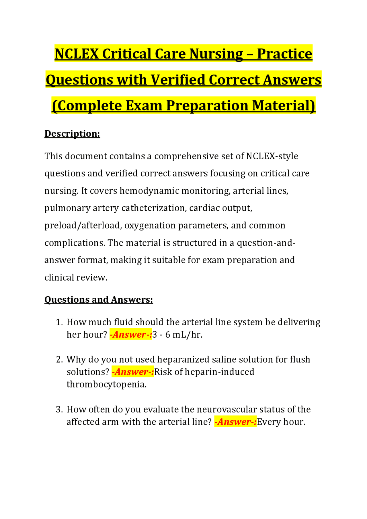 NCLEX Critical Care Nursing – Practice Questions with Verified Correct ...