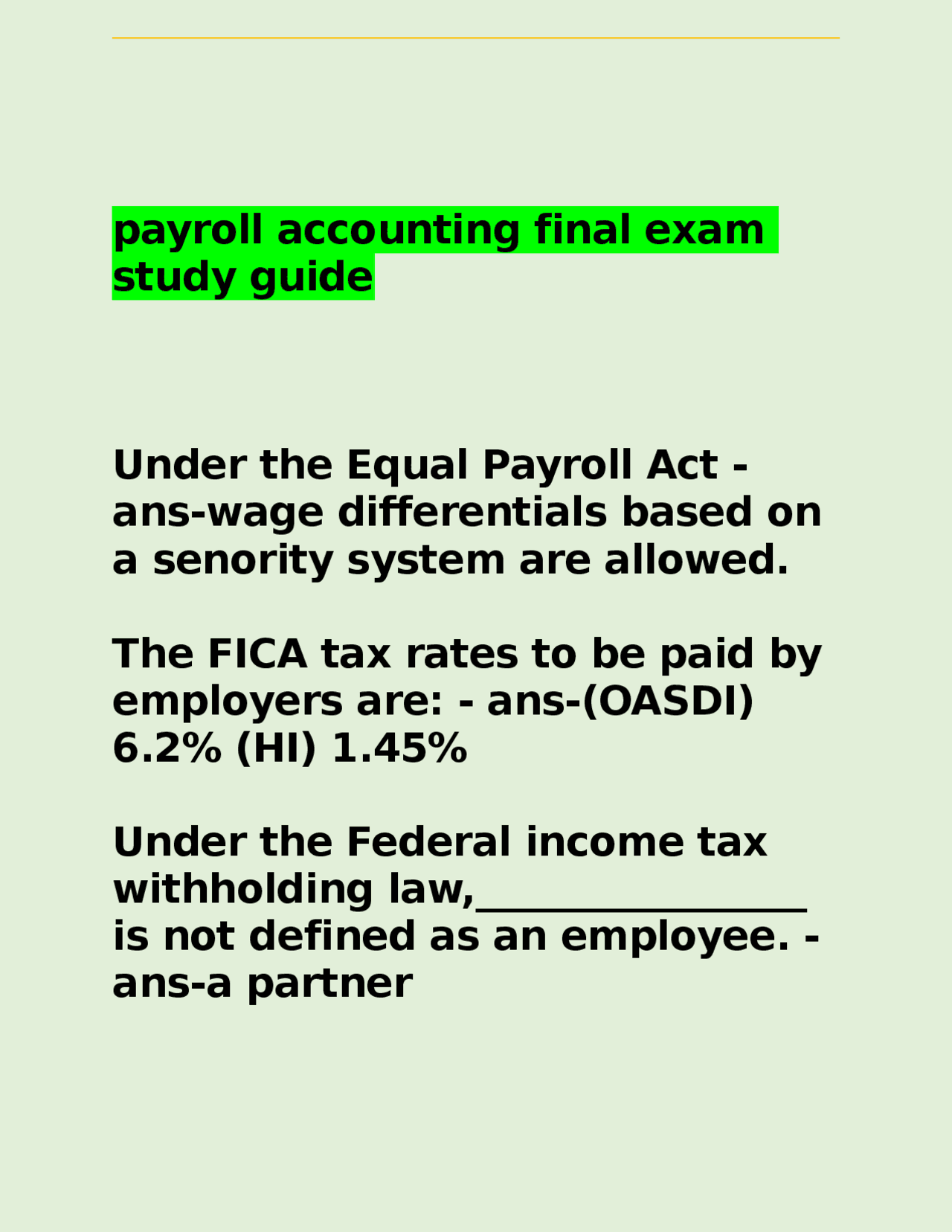 Payroll Study Payroll Accounting Final Exam Study Guide | Exams Nursing | Docsity