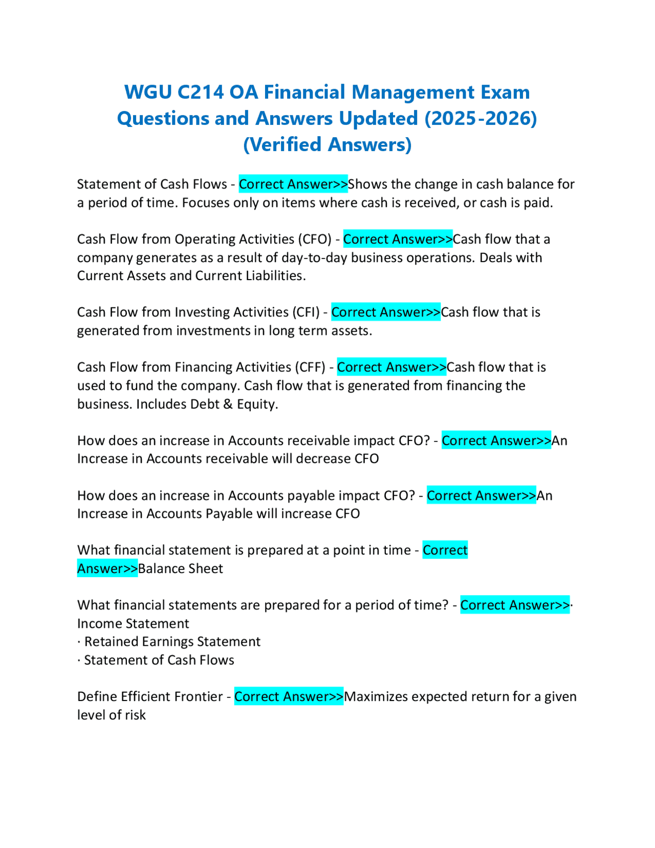 WGU C214 OA Financial Management Exam Questions and Answers Updated ...