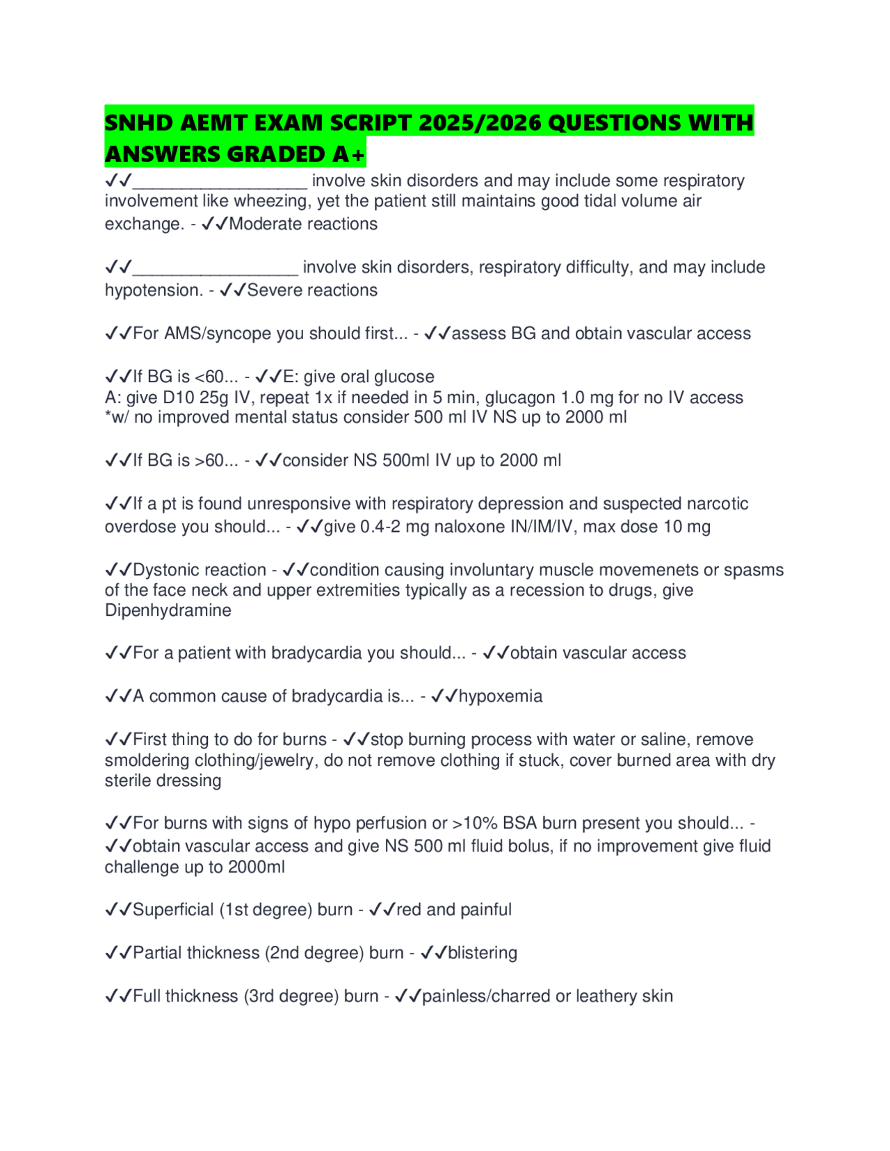 SNHD AEMT EXAM SCRIPT 2025/2026 QUESTIONS WITH ANSWERS GRADED A+ ...