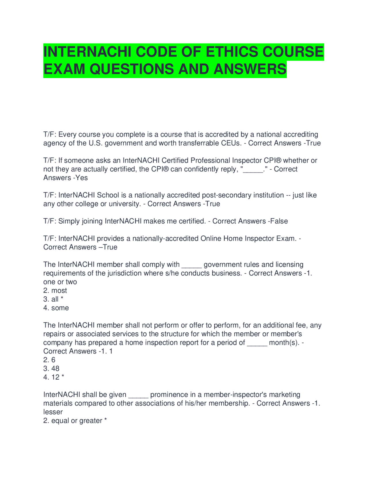 InterNACHI Code of Ethics Exam Questions and Answers | Exams Advanced Education | Docsity