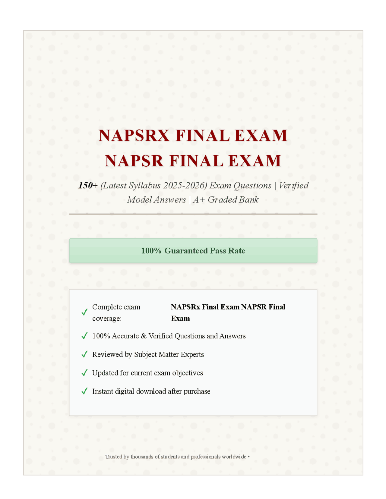 Napsrx NAPSRx Final Exam NAPSR Final Exam 150+ (Latest Syllabus 2025-2026 ...