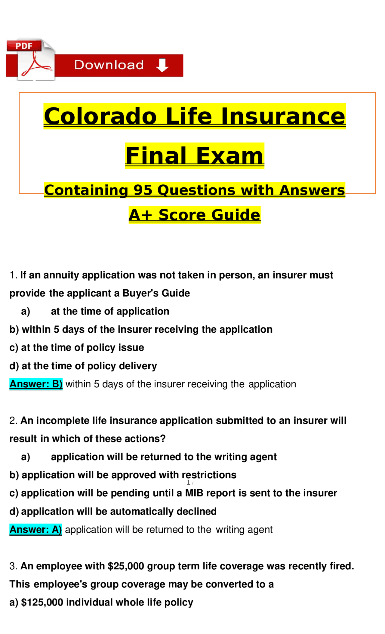 Colorado Life Insurance Final Exam: 95 Q&A for A+ Score | Exams ...