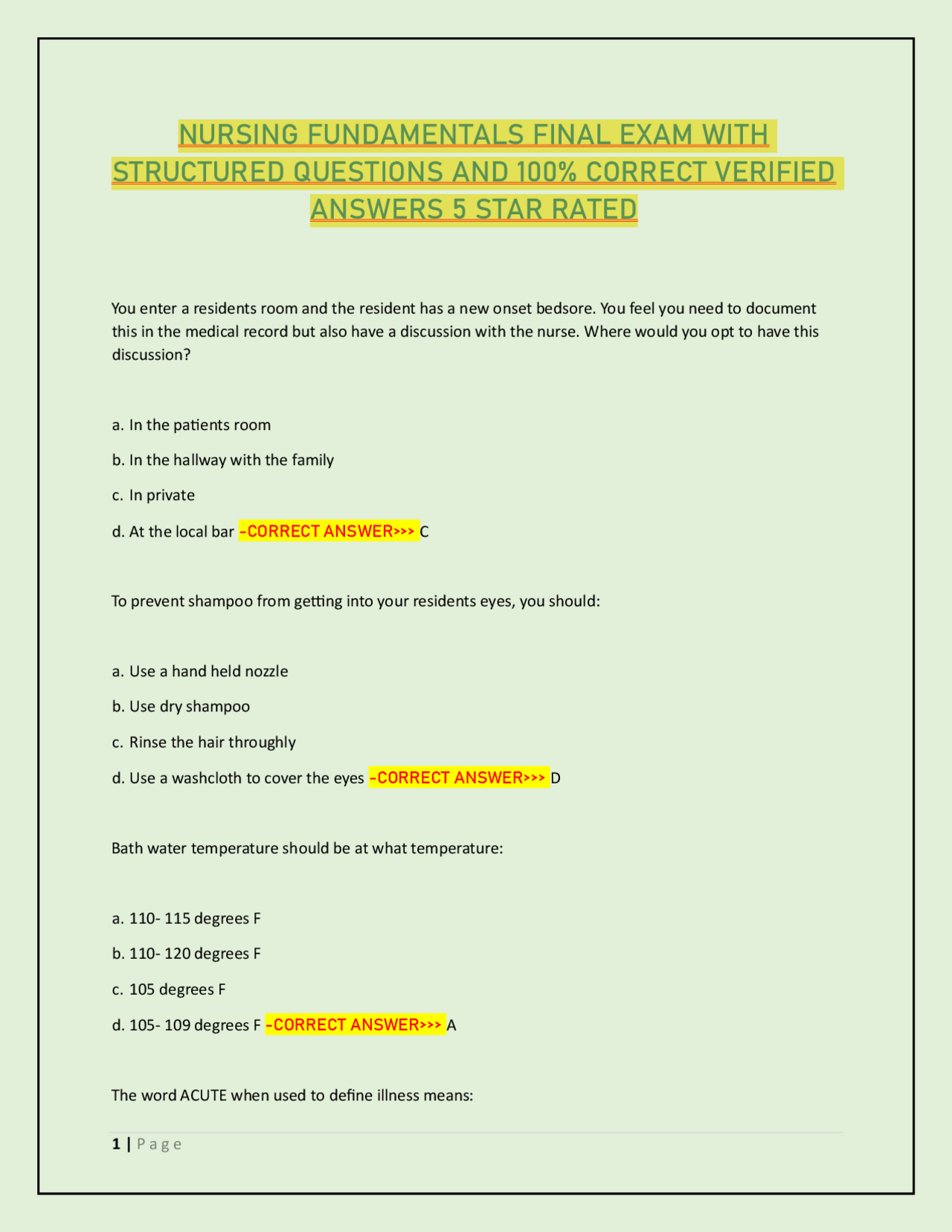 Nursing Fundamentals Final Exam Questions and Answers | Exams Nursing ...