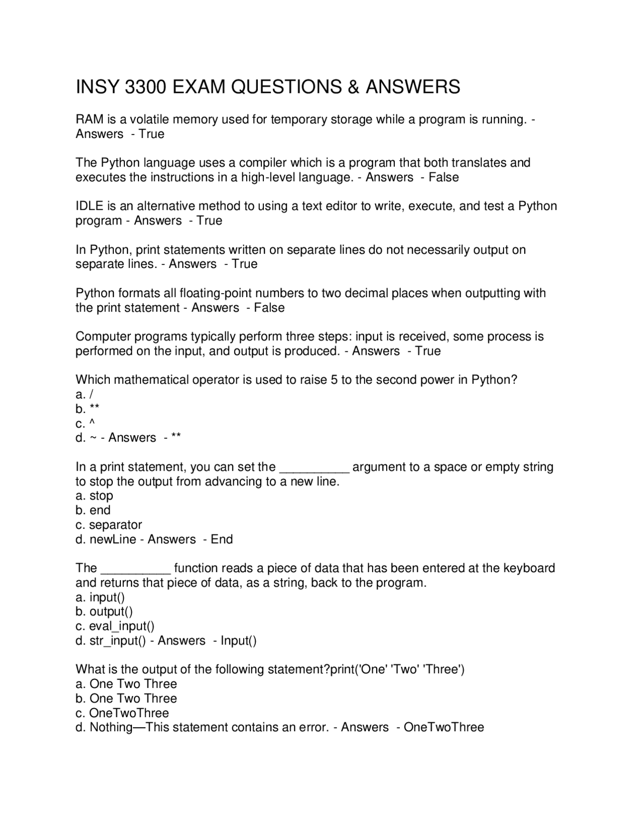 INSY 3300 Exam Questions and Answers: Python Programming | Exams Social ...