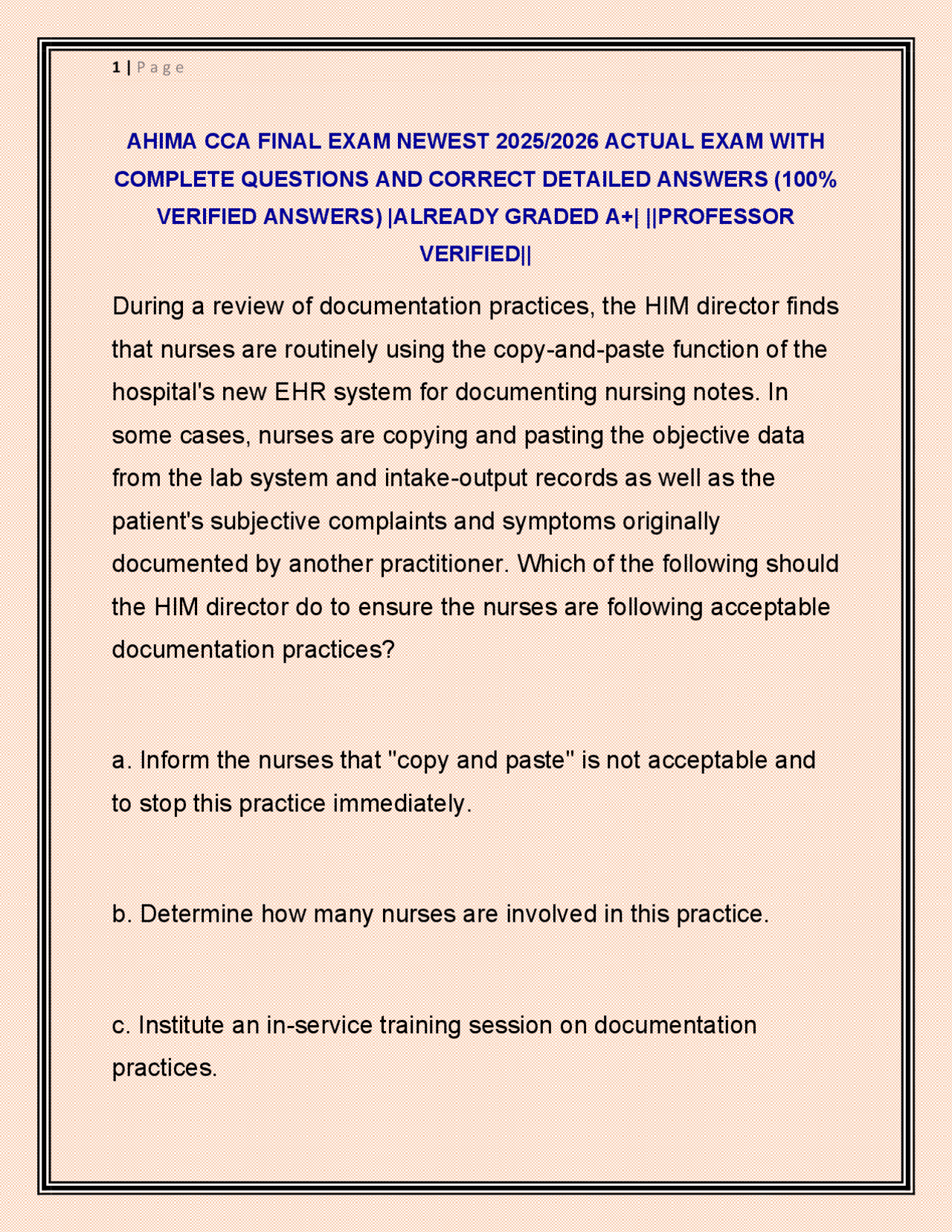 AHIMA CCA Exam Questions and Answers 2025/2026 | Exams Nursing | Docsity