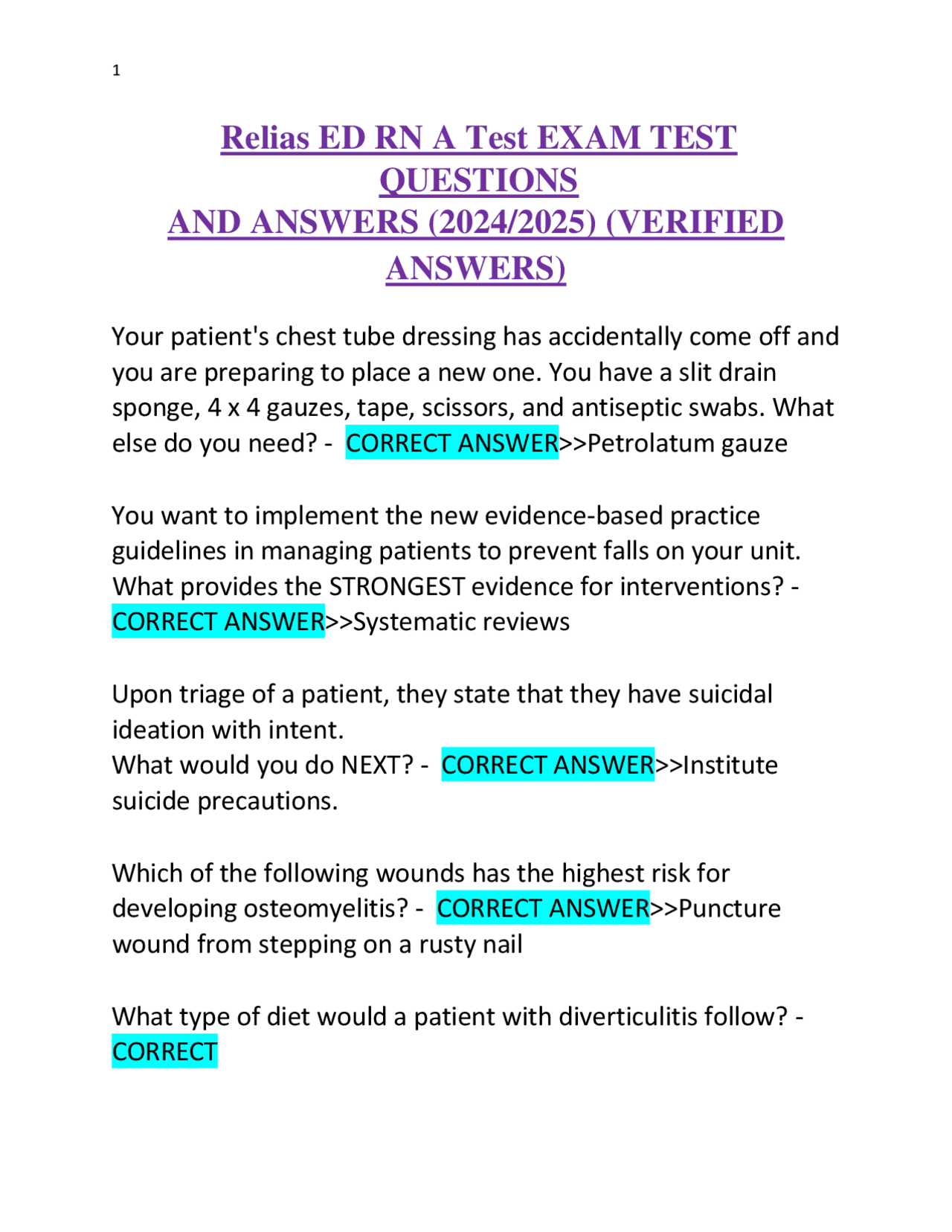 Relias ED RN A Test Exam: Questions and Verified Answers (2024/2025) | Exams Nursing | Docsity