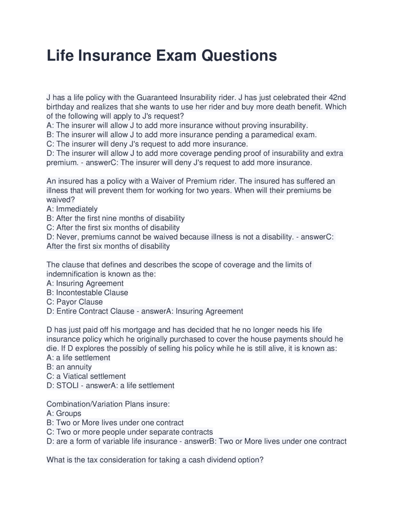Life Insurance Exam Questions and Answers | Exams Advanced Education ...