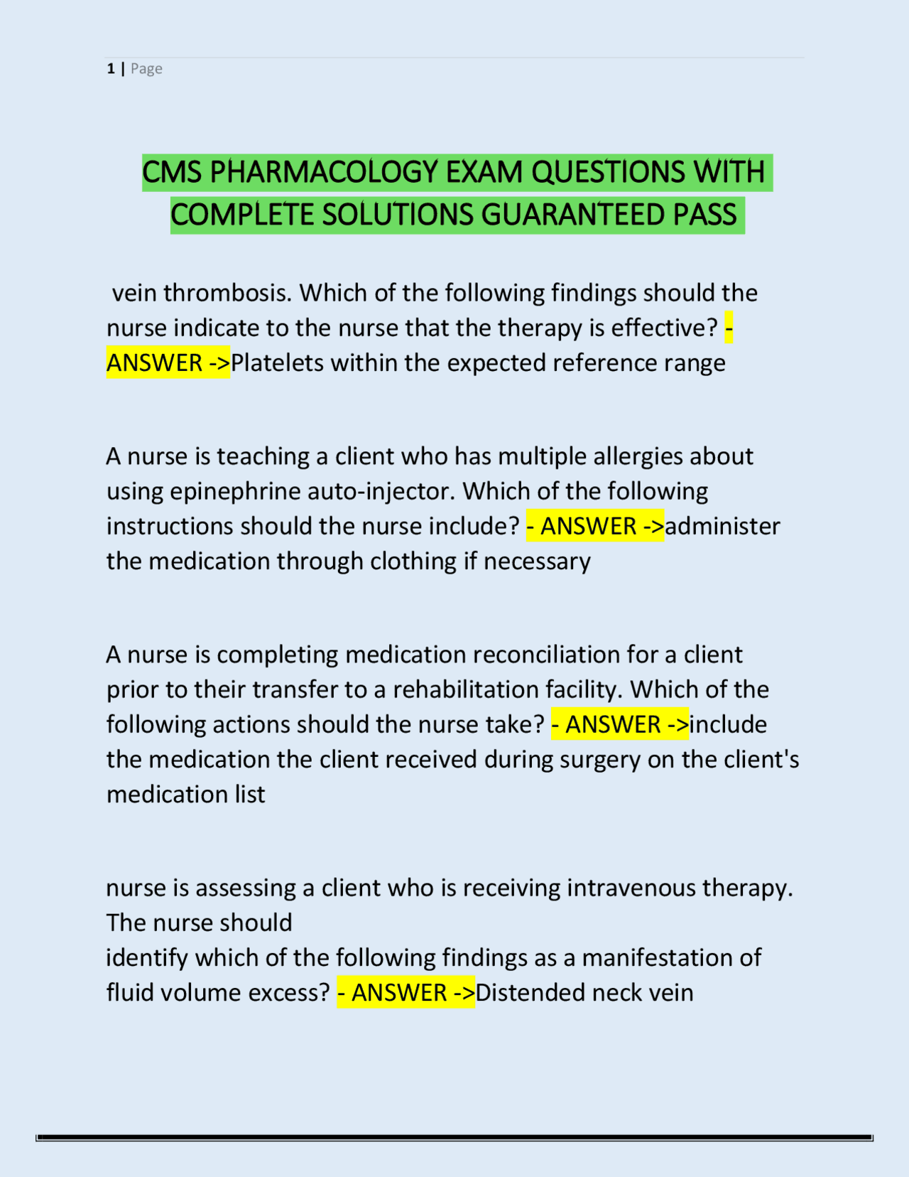 CMS PHARMACOLOGY EXAM QUESTIONS WITH COMPLETE SOLUTIONS GUARANTEED PASS ...