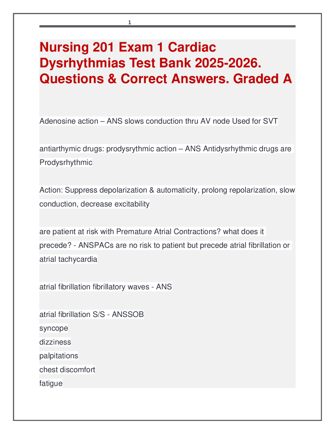 Cardiac Dysrhythmias Exam 1 Test Bank: Questions and Answers | Exams ...