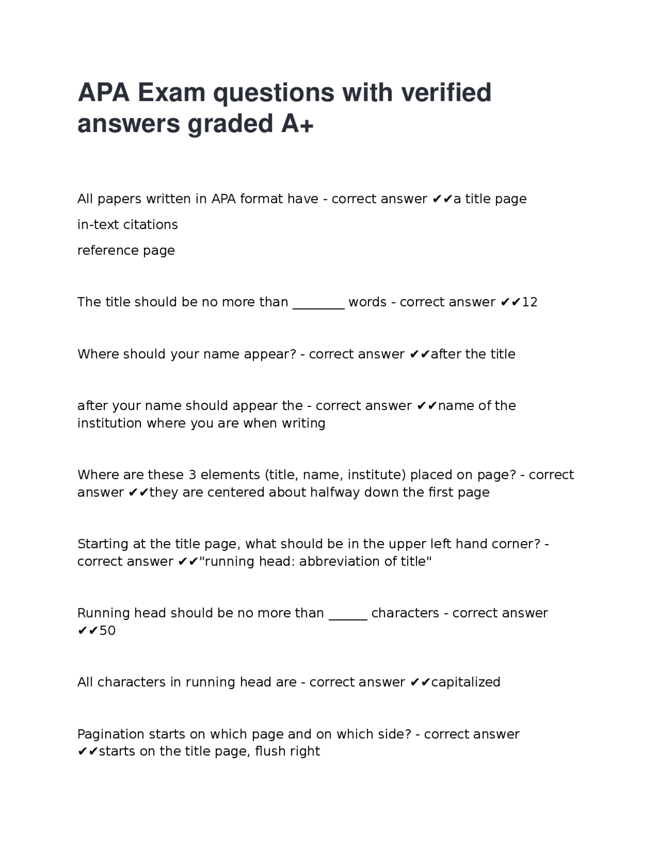 APA Formatting Exam Questions and Answers | Exams Nursing | Docsity