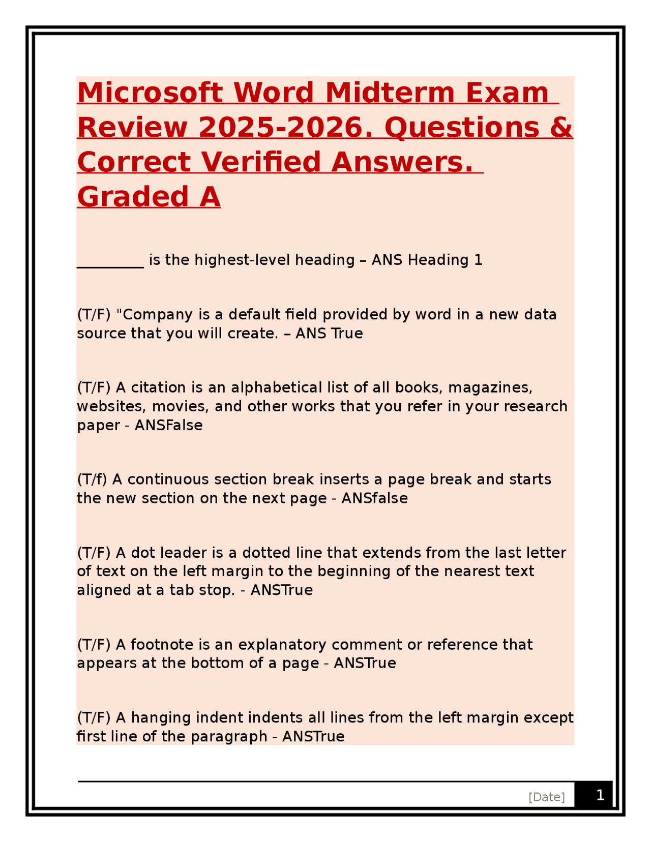 Microsoft Word Midterm Exam Review 2025-2026. Questions & Answers ...
