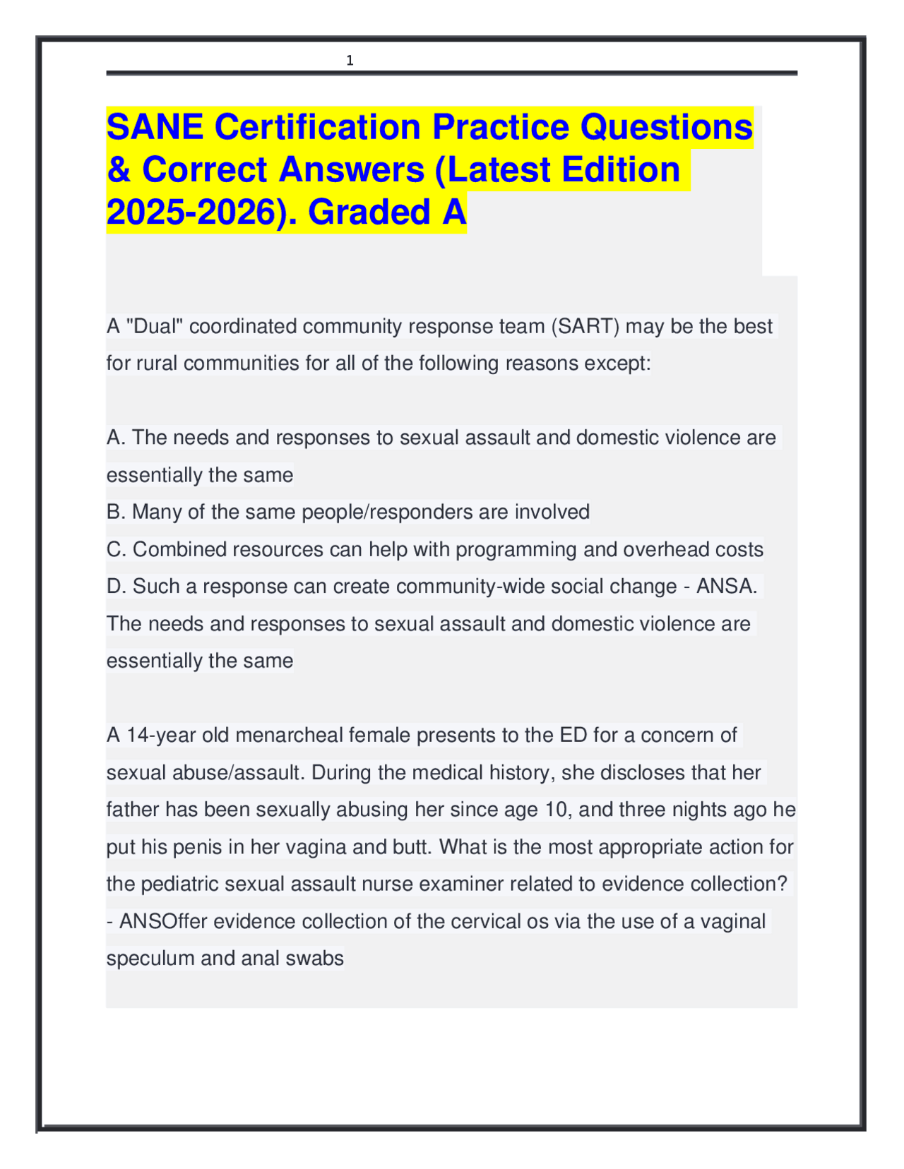Sane Competency SANE Certification Practice Questions & Correct Answers (Latest 2025 ...