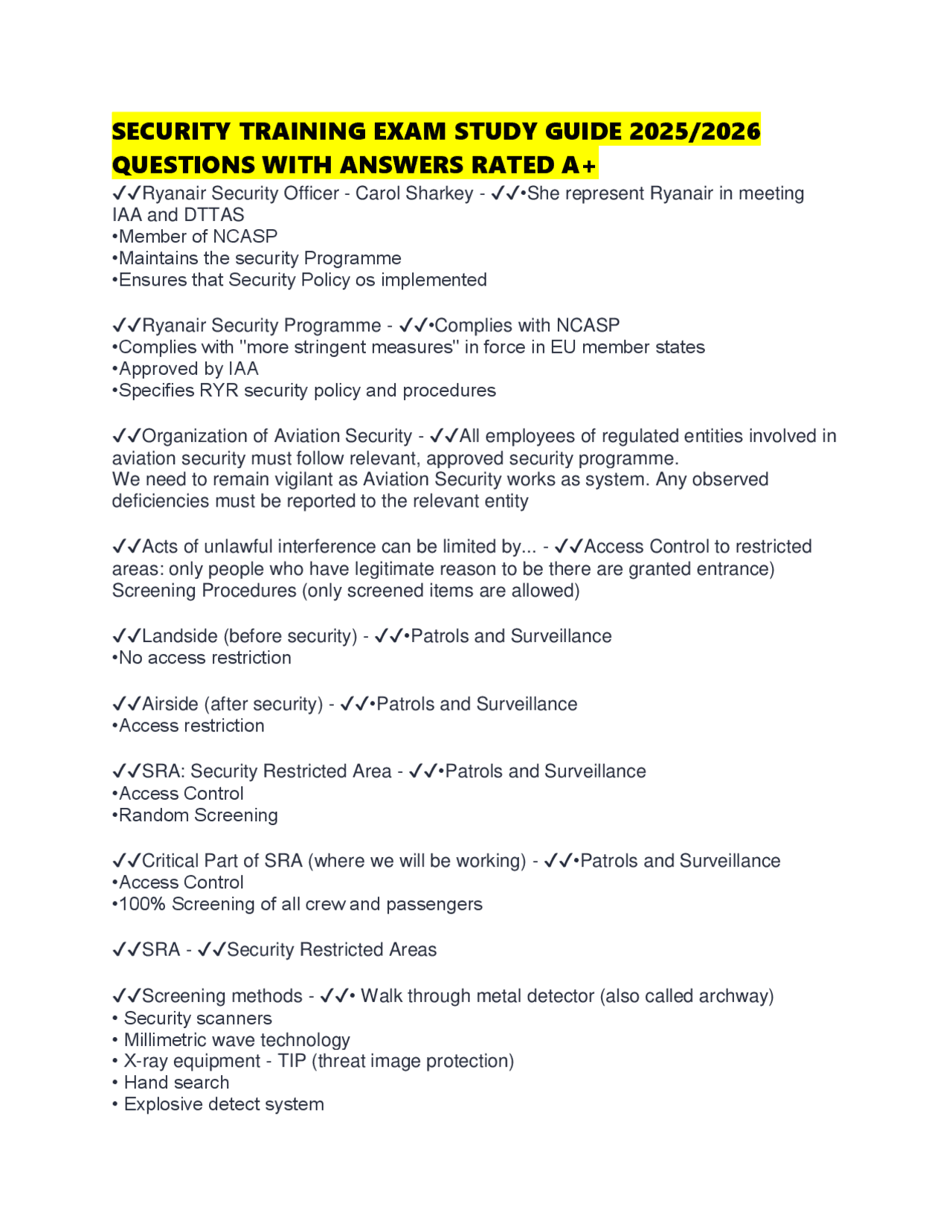 SECURITY TRAINING EXAM STUDY GUIDE 2025/2026 QUESTIONS WITH ANSWERS ...