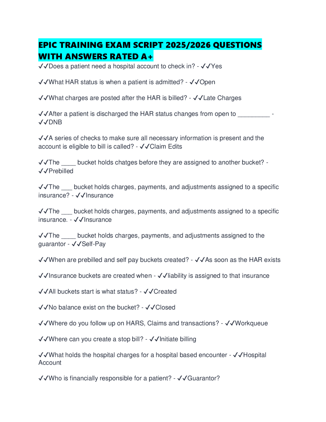 EPIC TRAINING EXAM SCRIPT 2025/2026 QUESTIONS WITH ANSWERS RATED A+ ...