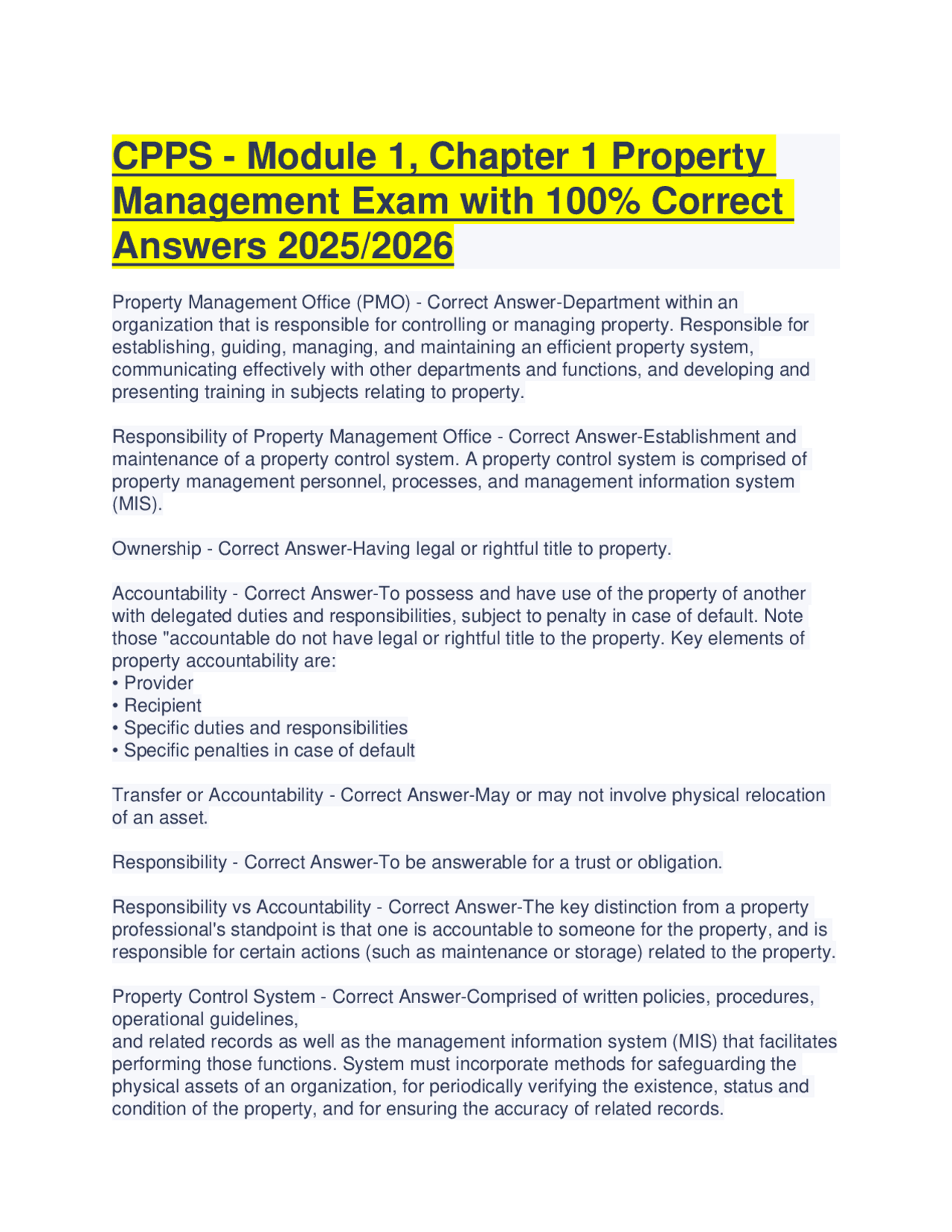 CPPS - Module 1, Chapter 1 Property Management Exam with 100% Correct ...