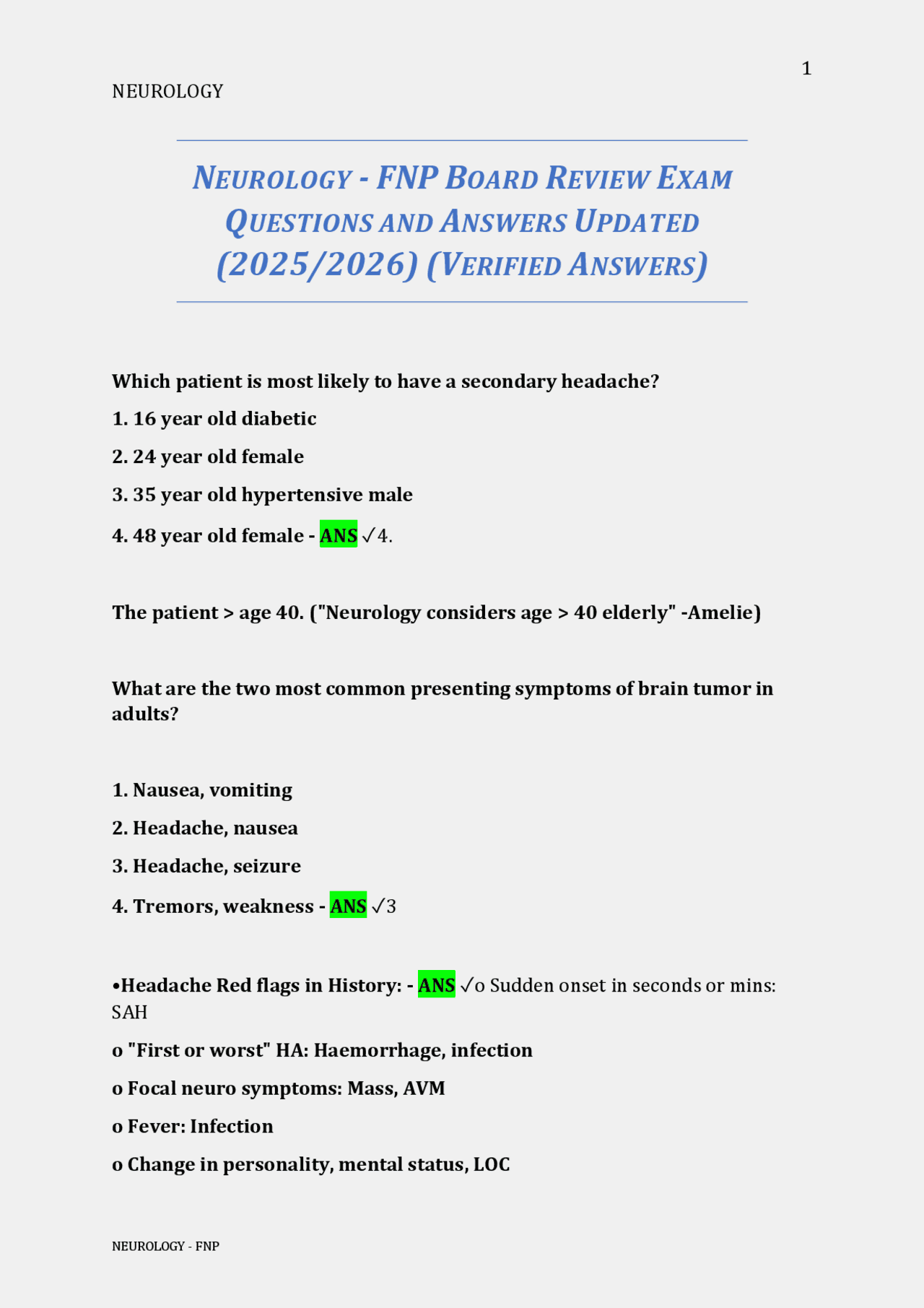 Neurology Board Review Exam: Questions and Answers (2025/2026) | Exams Neurology | Docsity