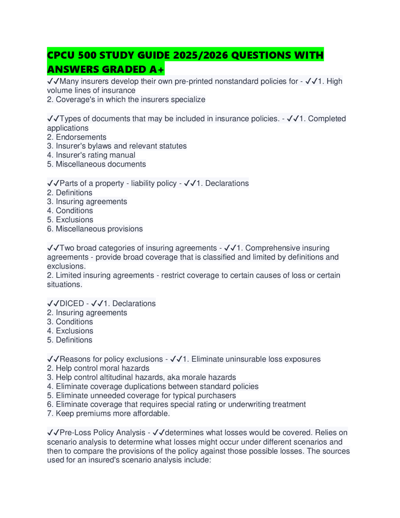 CPCU 500 STUDY GUIDE 2025/2026 QUESTIONS WITH ANSWERS GRADED A+ | Exams Finance | Docsity