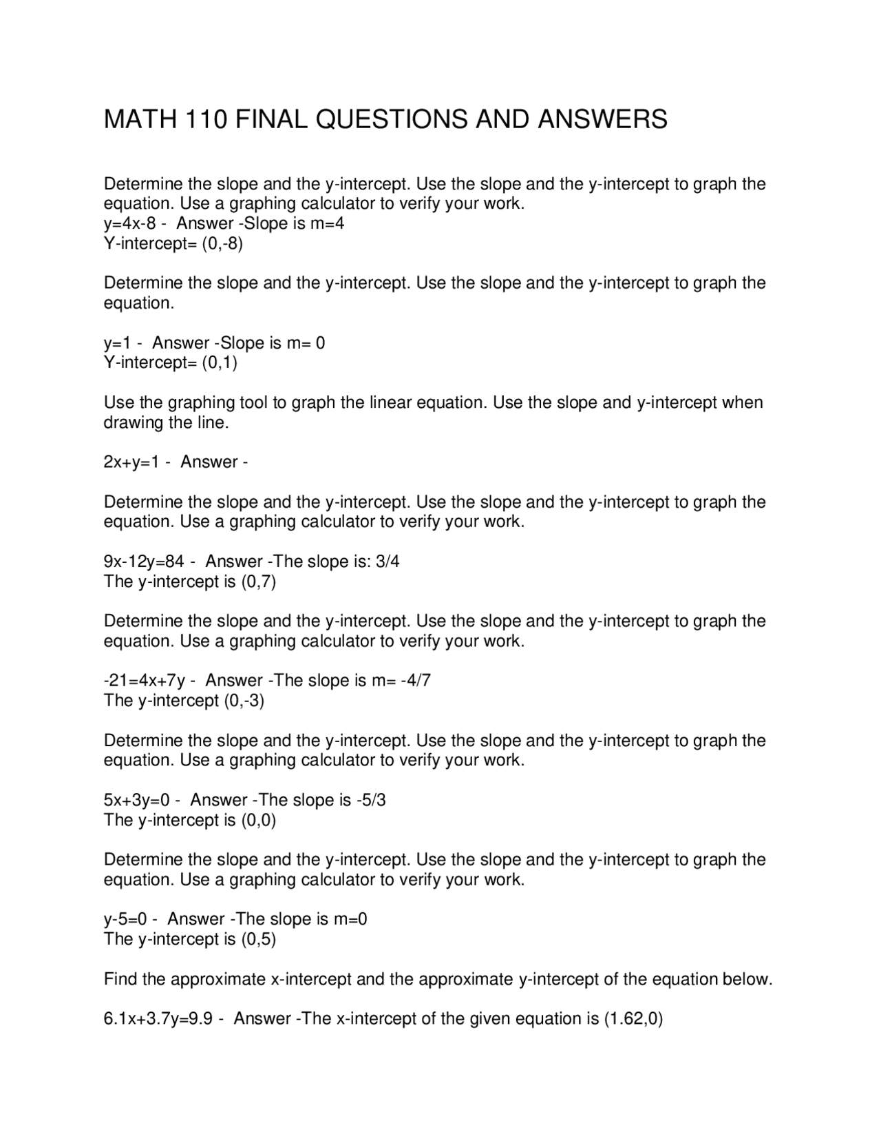 Math 110 Final Exam Questions and Answers | Exams Mathematics | Docsity