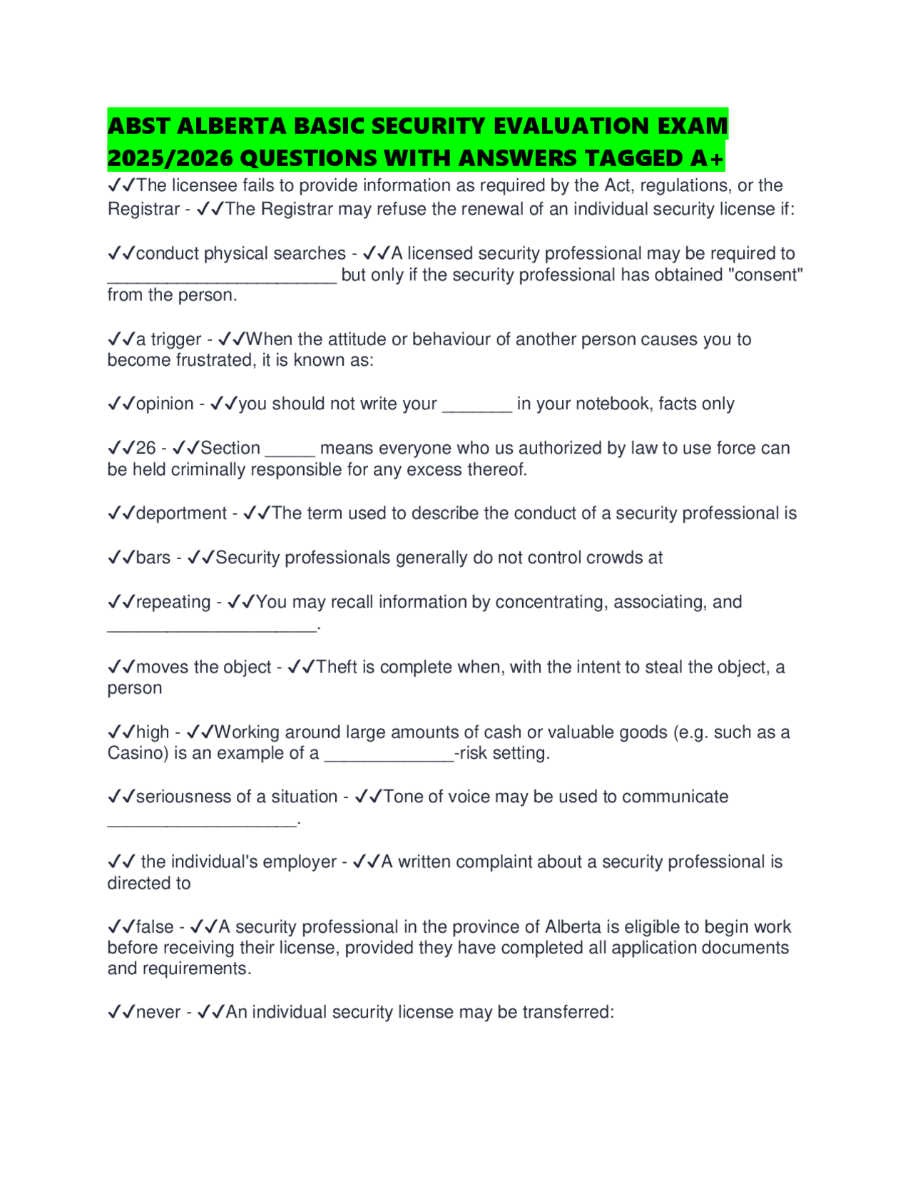 ABST ALBERTA BASIC SECURITY EVALUATION EXAM 2025/2026 QUESTIONS WITH ...