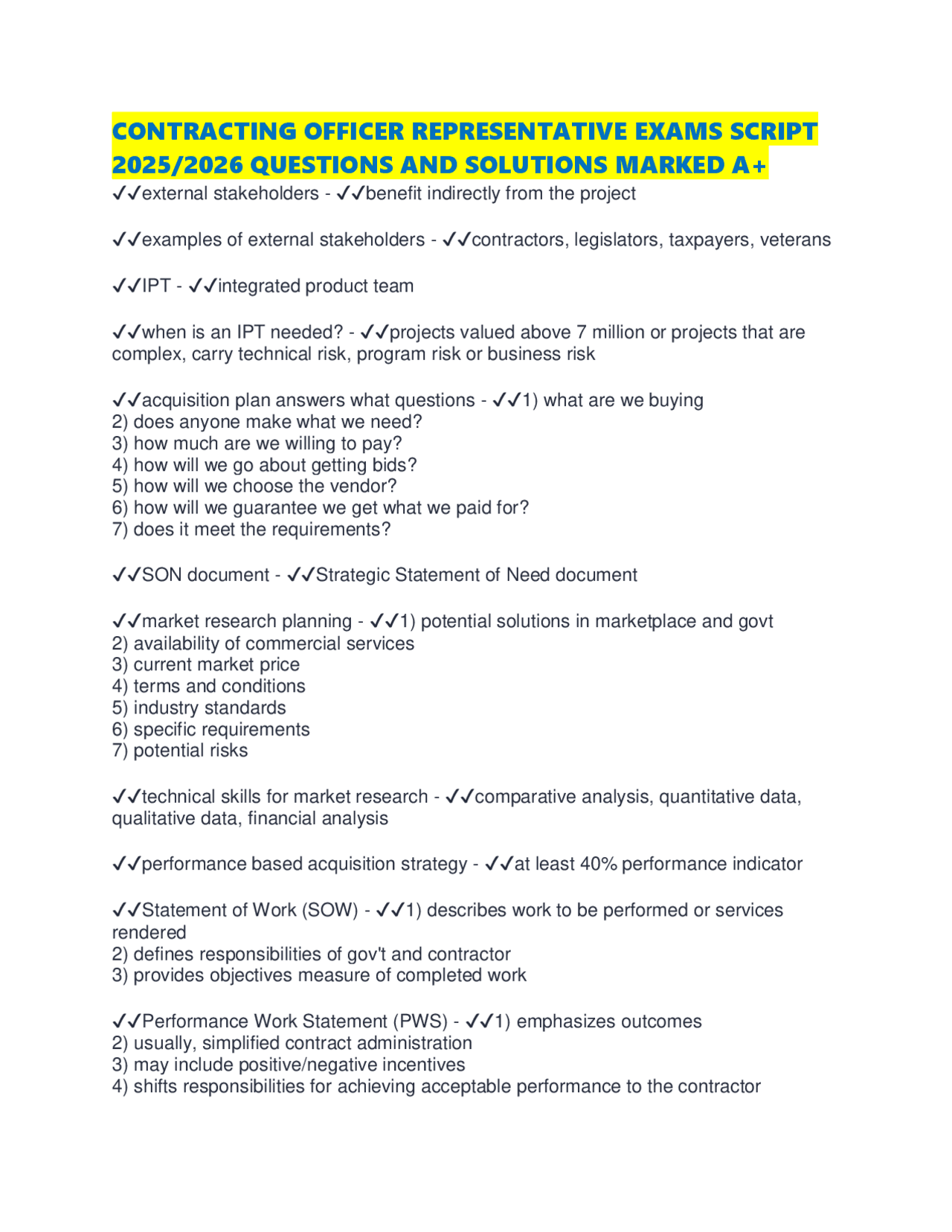 CONTRACTING OFFICER REPRESENTATIVE EXAMS SCRIPT 2025/2026 QUESTIONS AND ...