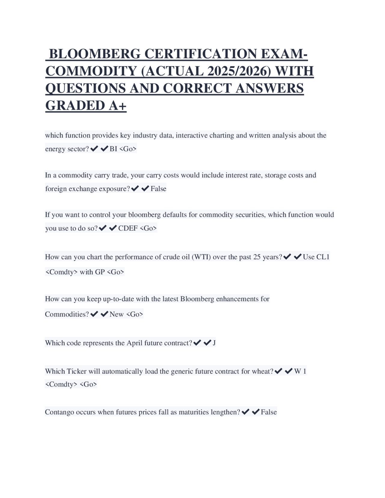 Bloomberg Commodity Certification Exam Q&A (2025/2026) | Exams ...