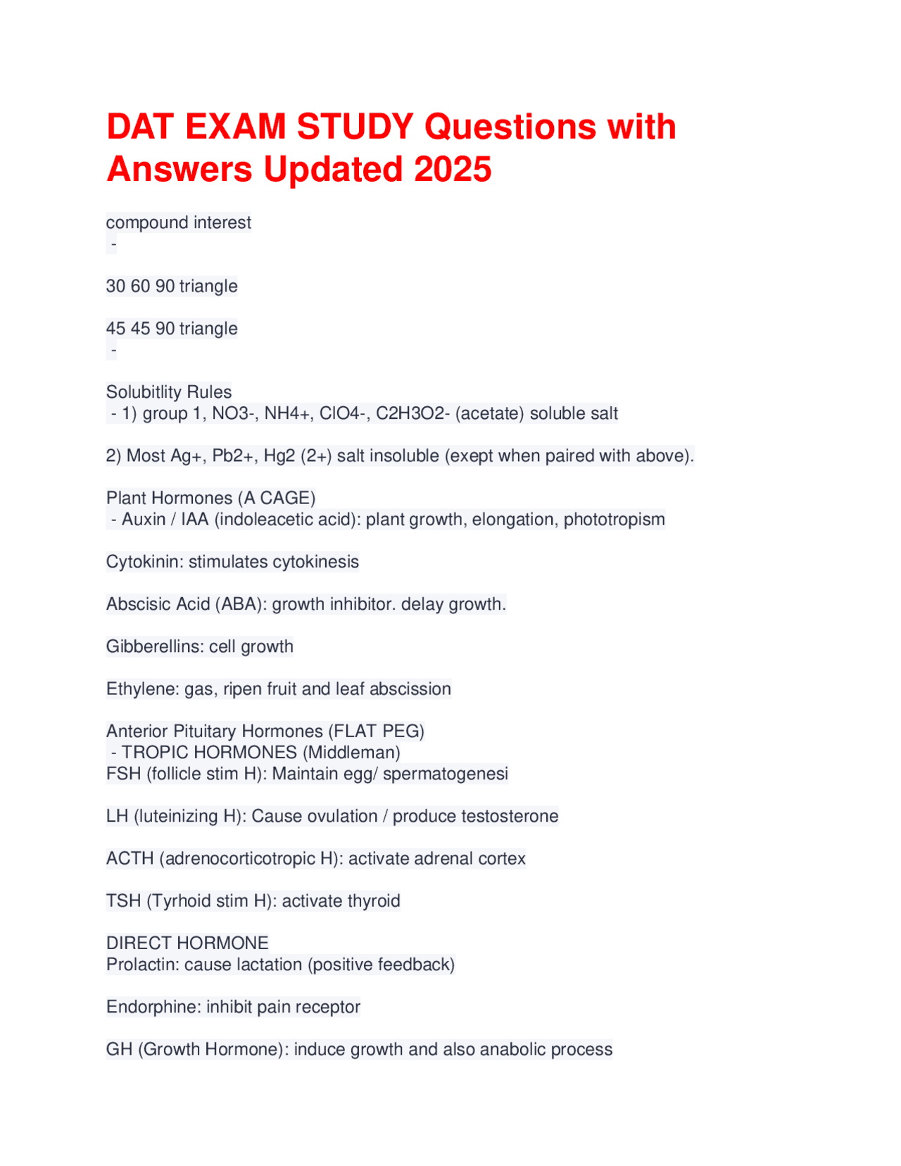 DAT Exam Study Questions and Answers 2025 | Exams Engineering | Docsity