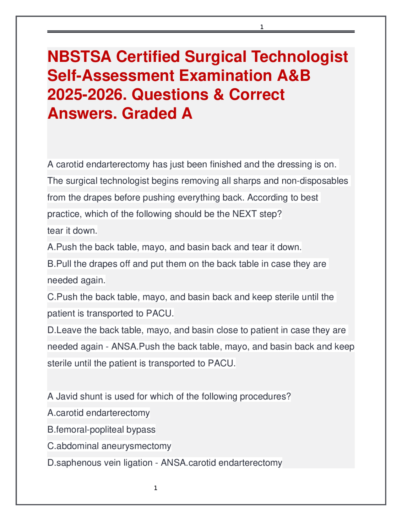 NBSTSA Certified Surgical Technologist Exam A&B: 2025-2026 Questions ...