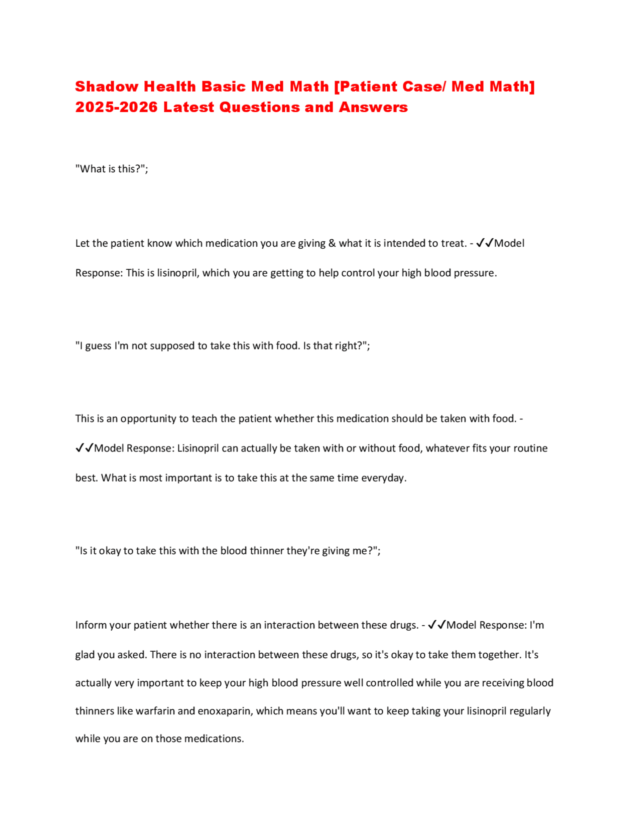 Shadow Health Basic Med Math [Patient Case/ Med Math] 2025-2026 Latest ...