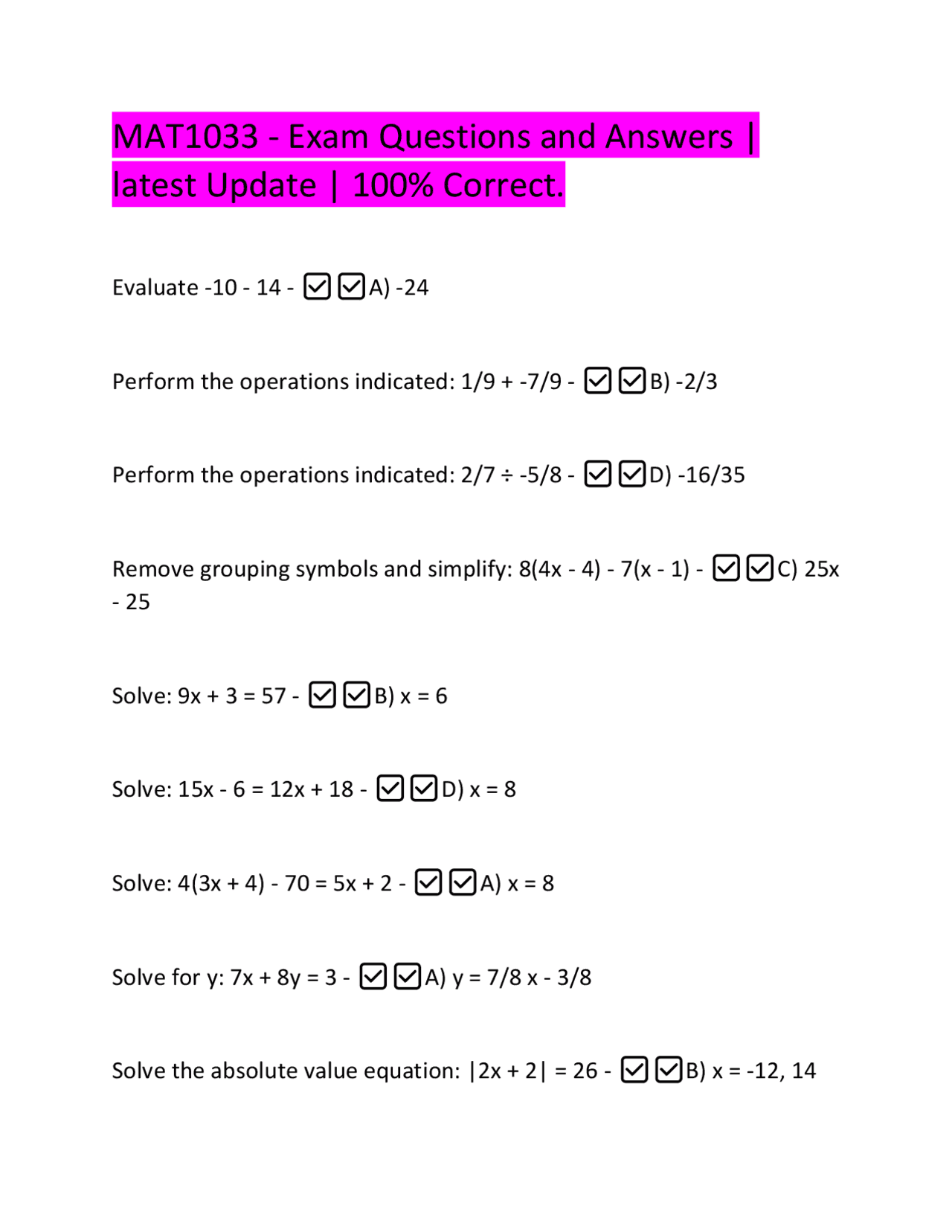 MAT1033 Exam Questions and Answers | Exams Mathematics | Docsity