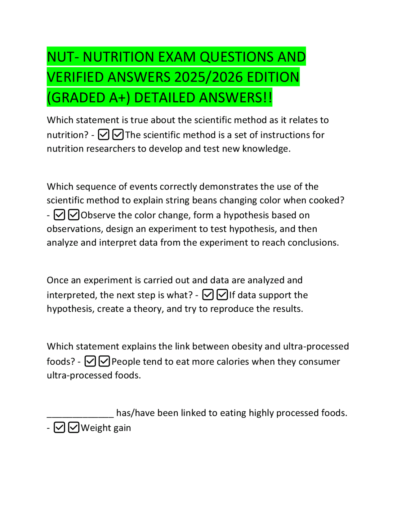 Nutrition Exam Questions and Answers 2025/2026 | Exams Nutrition | Docsity