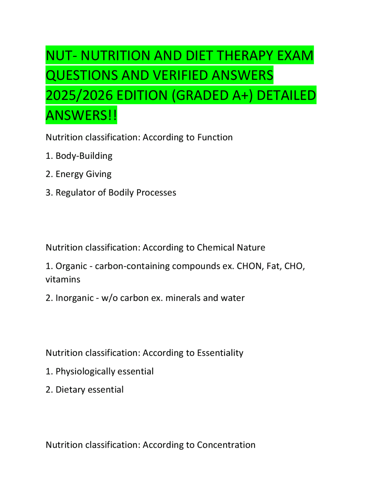 Nutrition and Diet Therapy Exam Questions and Answers 2025/2026 | Exams ...